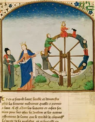 Ms 3045 fol.22v Boecjusz z kołem fortuny, z Pocieszenia Filozofii, przekład Jean de Meung