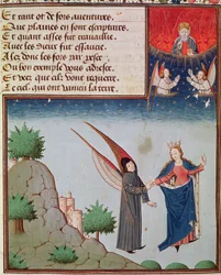 Pani 3045 fol.94r Lady Filozofia prowadzi Boecjusza do lotu w niebo na skrzydłach, które mu dała; Bóg Ojciec patrzy w błogosławieństwie