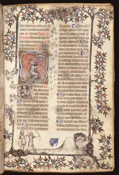 Ms 306 f.27r Siedzący król Dawid uderza pięć dzwonów z Brewiarza, Korzystanie z Paryża, 1400