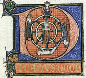 Ms 3469 fol.38 Koło fortuny, z „Fizyki” Arystotelesa, ok. 1280-85 (pióro, atrament i tempera na welinie)