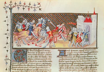 Ms 3479 t.1 fol.558 Scena walki rycerzy, z Livre de Messire Lancelot du Lac