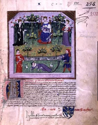 Ms 3522 fol.1 Autor udający sen jest świadkiem sporu rycerza z biskupem z „Somnium Viridarii” (Le Songe du Vergier) skomponowanej w 1376 r. na polecenie Karola V (1338-80) (wellum )