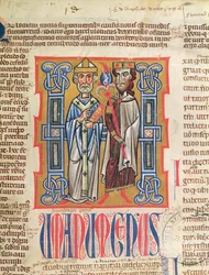 Ms 354 fol.9 Miniatura biskupa i króla z Decretum Gratiani, XIV w.
