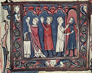 Ms 364 fol.111 Scena ekskomuniki z Dekretów Jana Andre, XIII-XIV w.