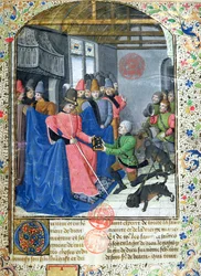 Ms 3717 Huntsman wręcza autorowi kopię jego traktatu o polowaniu, z Livre de la Chasse Gastona Phebusa de Foix (1331-91)