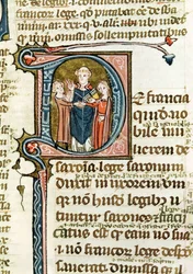 Ms 376 f.320 Historyczny inicjał D przedstawiający księdza błogosławiącego małżeństwo, z Les Gregoriennes