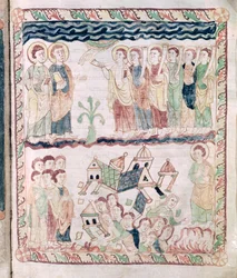 Ms 386 fol.25r Anioły z trąbkami i trzęsienie ziemi, z Apokalipsy św. Jana