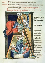 Ms 3 fol.233 Historyczny inicjał A przedstawiający Daniela w Legowisku Lwów, z Biblii de Saint-Sulpice de Bourges