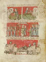 Ms 406 fol.6 Sceny z życia studentów Kolegium Hubanta lub Ave Maria, ze Statutów Kolegium Hubanta, Paryż, 1387
