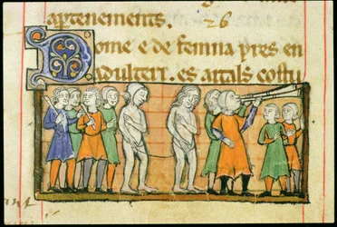 Ms 41 f.42v Ukaranie dwóch cudzołożników w procesji nagich przez miasto, z Livre Juratiore dAgen
