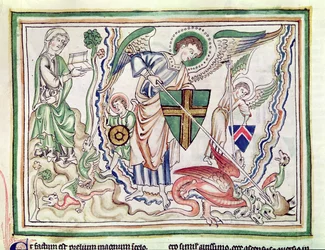 Ms 422 fol.47v Św. Michał zabija smoka z Apokalipsy
