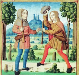 Ms 493 f.10v Pasterze Dametas i Menalcas rzucają sobie wyzwanie w konkursie muzycznym, z Eklog Wergiliusza z komentarzem Serwiusza, 1469