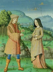 Ms 493 fol.123v Spotkanie Eneasza i Anny, siostry Dydony, z Eneidy z komentarzem Serwiusza, 1469