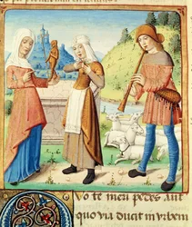 Ms 493 fol.15v Pasterz Menalcas i jego nieodwzajemniona miłość, z Eklog Wergiliusza z komentarzem Serwiusza, 1469