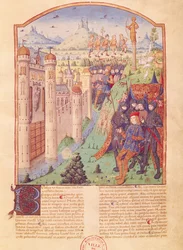 Ms 493 fol.1r Dzieła Wergiliusza z komentarzem Serwiusza, Bukolików, Król siedzący na tronie otoczony przez straż przed warownym miastem, Francja, 1469