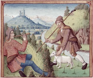 Ms 498 f.3v Tityrus spotyka Meliboeusa, z Eklog Wergiliusza z komentarzem Serwiusza, 1469