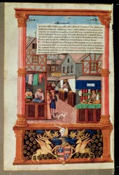 Ms 5062 fol.149v Ulica ze sklepami i herbem Roberta Stuarta, marszałka dAubigny Lucrece, z Livre de Gouvernement des Princes by Gilles de Rome