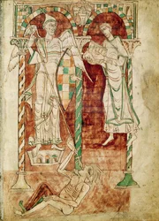 Ms 50 Fol.1v Kopista przedstawia św. Michałowi swoją księgę z Uznań św. Klemensa
