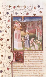 Ms 55 t f.111v Nimrod nadzorujący budowę wieży Babel, z La Cite de Dieu św. Augustyna, przekład Raoula de Presles (1316-82) c.1400-50