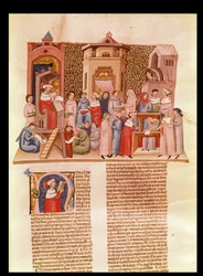 Ms 620 fol.173 Lekcja na uniwersytecie i historyczny inicjał N przedstawiający mistrza, z Novela Super Sexto Jeana Andre