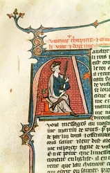 Ms 682 fol.17v Historyczny inicjał A przedstawiający siedzącego króla trzymającego obosieczny miecz