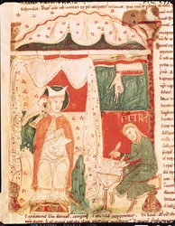 Ms 70 f.57 Papież Grzegorz I Wielki (ok.540-604) dyktuje Księgę Hioba swojemu skrybie Piotrowi, z Moralia w Hiobie przez papieża Grzegorza Wielkiego