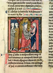 Ms 782 f.152r Charlemagne (742-814) wysyłający Ganelona do królów Saragossanu, Marsile i Baligant, z Chroniques de Saint-Denis, c.1275
