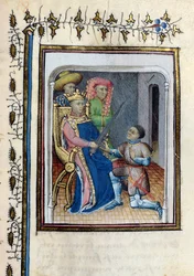 Ms 814 Karol V (1338-80) zwraca Bertrandowi du Guesclin (ok. 1320-80) Miecz Najwyższego Konstabla z Histoire de Du Guesclin po wierszu Cuveliera, początek XV wieku