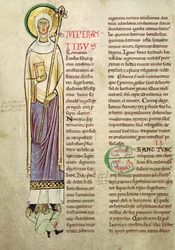 Ms 846 fol.137v Historyczny inicjał I przedstawiający św. Richrudiusa, z Recueil de Vie des Saints