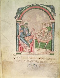 Ms 90 Św. Augustyn spiera się z Faustem w obecności swoich wychowanków, frontyspis ze św. Augustyna Contre Faustus