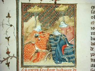 Pani Fr 12420 Onche i Antiope Jousting, z „De Claris Mulieribus”, Giovanni Boccaccio (1313-75) (welum)