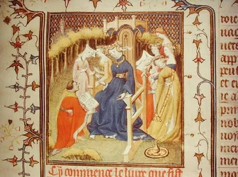 Pani Fr 12420 Autor prezentujący swoją pracę grupie kobiet z „De Claris Mulieribus” Giovanniego Boccaccio (1313-75) (welum)