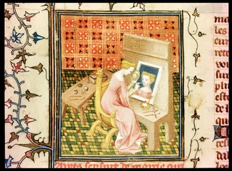 Pani Fr 124220 fol.101v St. Marcia (zm. 632) Malowanie autoportretu, z De Claris Mulieribus, z , Giovanni Boccaccio (1313-75)