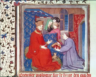 Pani Fr 131 f.1 Jean (1340-1416) Książę Berry otrzymuje rękopis z Boccaccio, z Cas des Nobles Hommes et Femmes przez Giovanniego Bocaccio (1313-75)