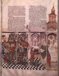 p. ks. 343 fol. 7 W poszukiwaniu Świętego Graala i śmierci Artura, rycerz składający przysięgę