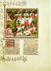 Pani Fr 616 fol.67 Myśliwi ucztujący przed polowaniem na jelenie, z Livre de la Chasse Gastona Phebusa de Foix (1331-1391)