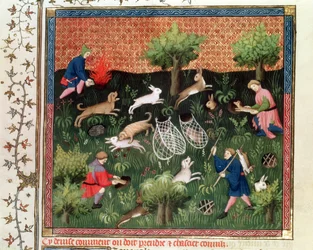 Pani Fr 616 fol.92 Polowanie na zające, z Livre de la Chasse Gastona Phebusa de Foix (1331-91), koniec XV w.