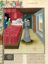 Pani Fr 9140 fol.120v Lekarz wykonujący badanie moczu, z Livre des Proprietes des Choses Barthelemy lAnglais, 1480