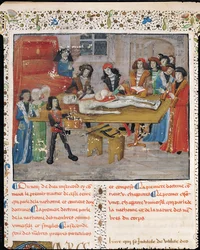 Ms H 184 fol.14v Lekcja sekcji na Wydziale Lekarskim w Montpellier, z „La Grande Chirurgie” Guy de Chauliac, 1363