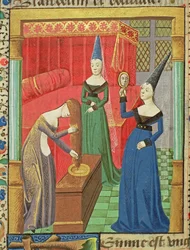 Pani Hunter 208 f.48v Kobiece próżności, z Upadku książąt — Giovanni Boccaccio (1313-75) 1472