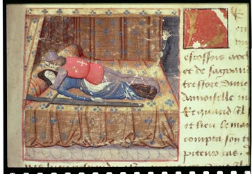 Ms Hunter 252 f.12r Scena łóżkowa, z "Les Cent Nouvelles Nouvelles
