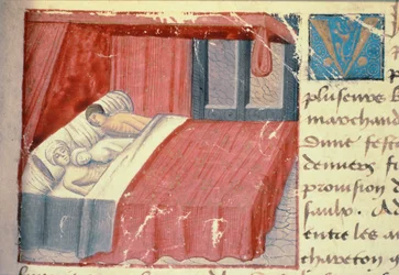 Ms Hunter 252 f.18r Scena łóżkowa, z "Les Cent Nouvelles Nouvelles