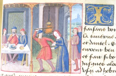 Pani Hunter 252 f.193r Posiłek, z Les Cent Nouvelles Nouvelles, 1462
