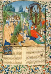 Ms Hunter 371 f.1r Dame Fortune i ofiary spadające z jej koła, z "Upadku książąt" Boccaccia