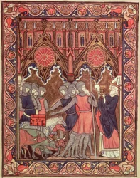 Ms Lat 10525 fol.6 Abraham przedstawia Melchizedekowi swoich jeńców i łupy, z Psałterza św. Ludwika, ok. 1258-70
