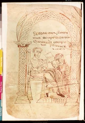 Ms Lat 13396 Fol.1 Izydor oferuje swoją pracę swojej siostrze Florentinie, z De Catholic Faith ze Starego i Nowego Testamentu przeciwko Żydom autorstwa Izydora z Sewilli (ok. 560-636) ok. 800