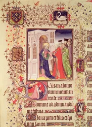 Pani Lat 919 fol.96 Jean de France, książę de Berry prowadzony przez św. Piotra do bram nieba z historycznym inicjałem „D św. Piotra i Jana de Berry w modlitwie”, z Grandes Heures de Duc de