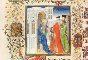 Pani Lat 919 fol.96 Św. Piotr prowadzący Jean de France (1340-1416) książę Berry do raju, z Grandes Heures de Duc de Berry, 1409 (patrz także 159985 i 30908)
