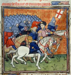 Ms Royal 20 C. VII, f.186 armia angielska ze sztandarem, z „Chroniques de France ou St. Denis” (welum)