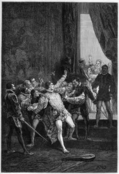 Morderstwo Davida Rizzia (Davidego) w obecności Marii Stuart (Marii I) (1542-1587) - rycina w „L